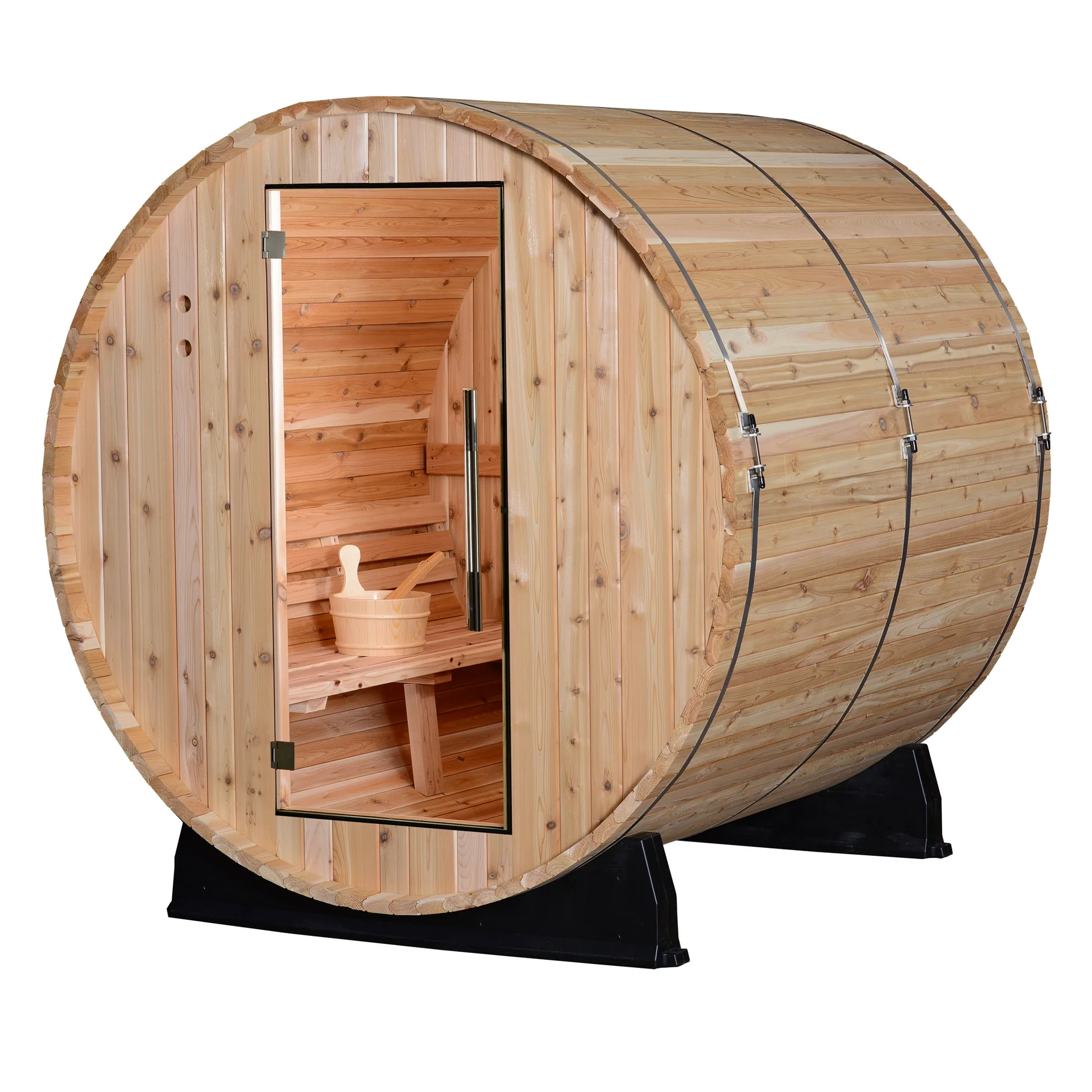 A real barrel sauna — the kind of product Socialite posts about automatically