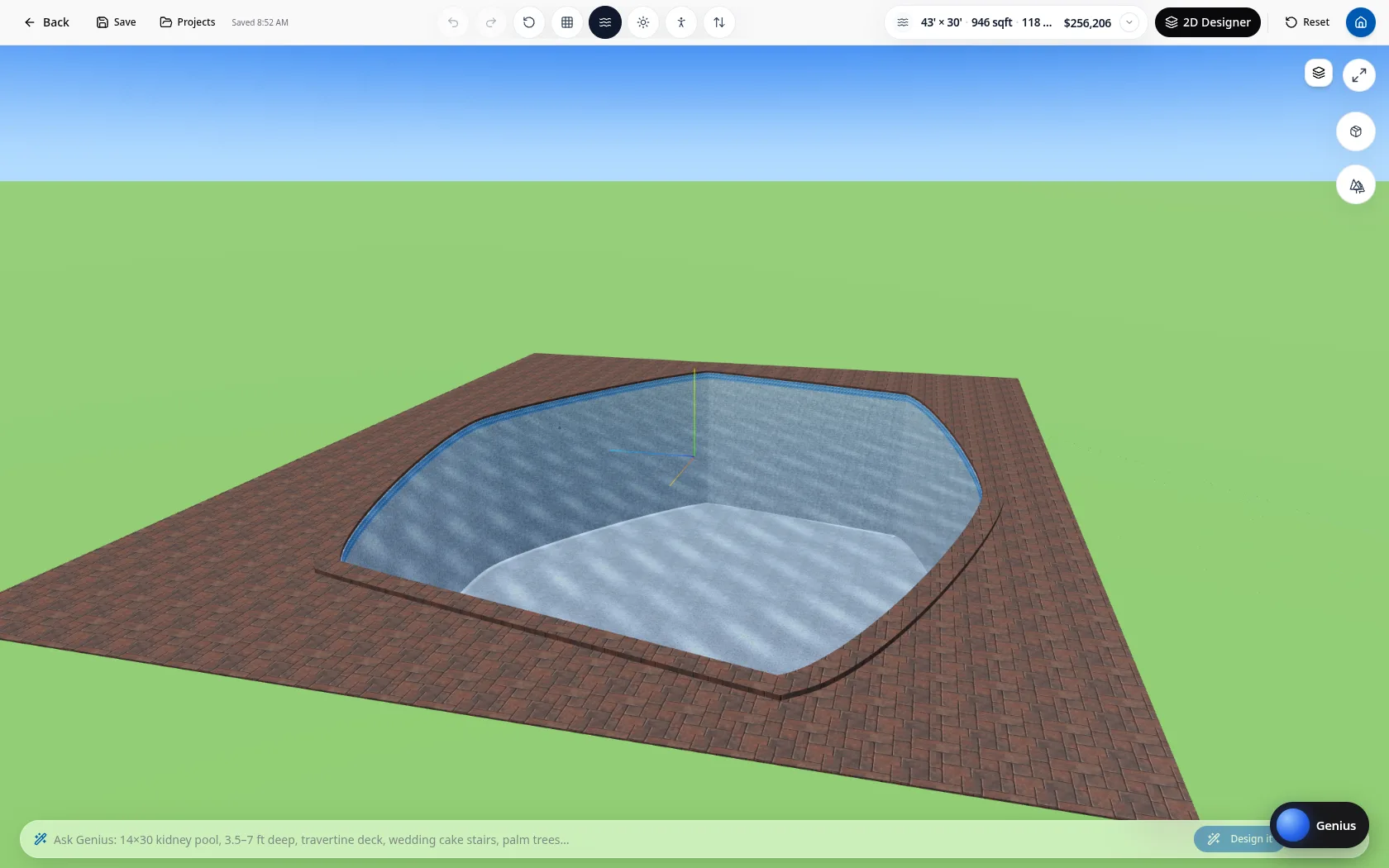 The 3D Studio, live — a drawn pool design rendered in 3D